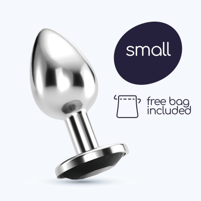 Plug anal metálico pequeno com base preta e indicação de saco grátis
