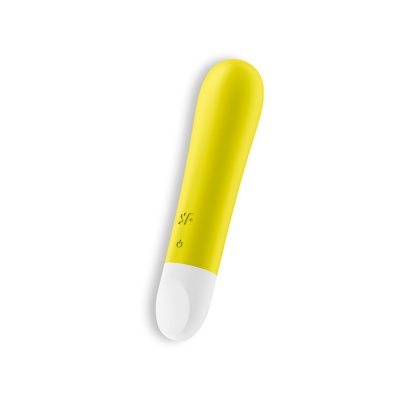 Vibrador pessoal amarelo com base branca e símbolos pretos