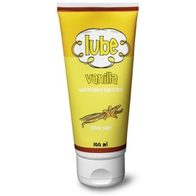 Frasco amarelo de lubrificante sabor baunilha em tubo com tampa branca