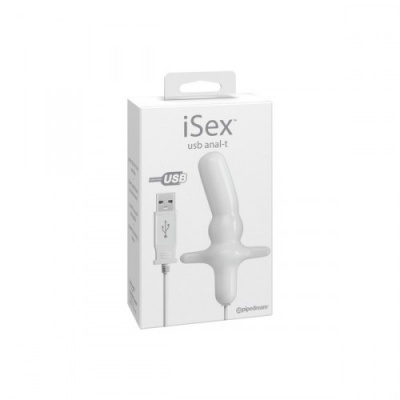 Produto iSex usb anal-t branco com cabo USB na caixa
