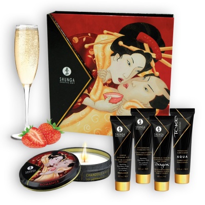 Conjunto Shunga Erotic Art com vela, tubos de creme, caixa ilustrada, morangos e taça de champanhe