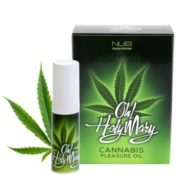 Frasco e caixa de óleo cannabis Oh! Holy Mary com folhas verdes