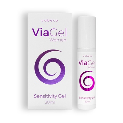 Gel ViaGel Women da Cobeco com embalagem e caixa brancas, texto roxo e espiral roxa.
