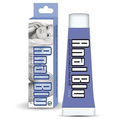 Tubo e caixa do produto AnaalBlu azul e branco com imagem de mulher loira.