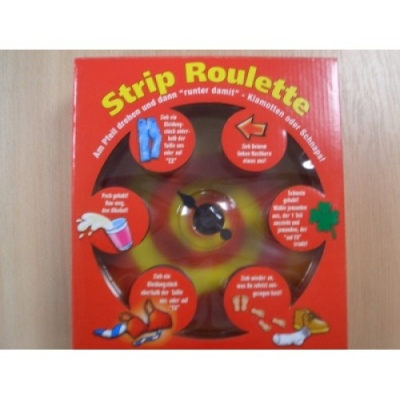 Caixa de jogo Strip Roulette vermelha com roda de pinos e instruções em alemão