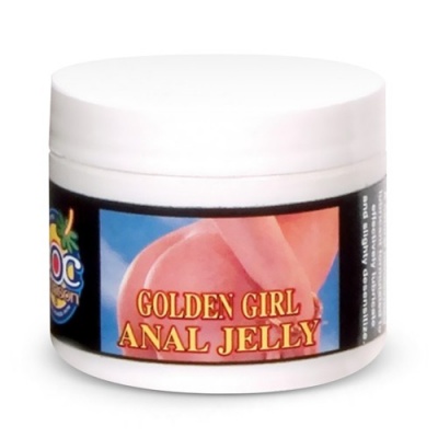 Frasco branco com etiqueta preta e texto 'GOLDEN GIRL ANAL JELLY'.