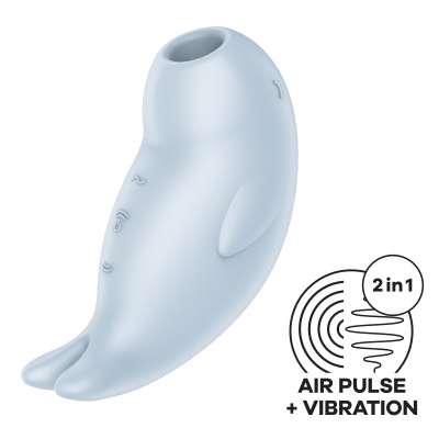 Massajador erótico azul claro em silicone com símbolos 2 em 1 AIR PULSE + VIBRATION