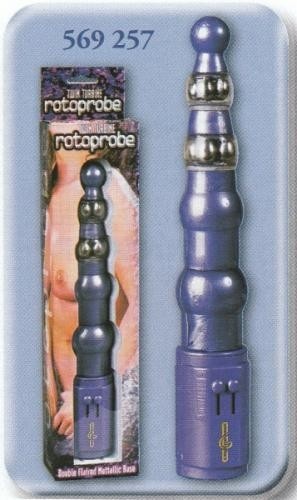 Vibrador metálico roxo e embalagem com texto rotoprobe