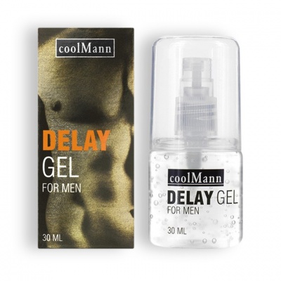 Frasco transparente de gel com embalagem preta e texto Delay Gel For Men
