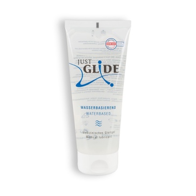 Frasco branco de gel lubrificante Just Glide com texto em azul e preto