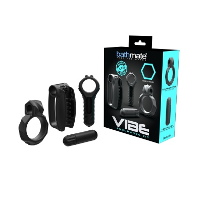 Conjunto Bathmate Vibe Endurance Kit com anéis e vibrador preto em caixa