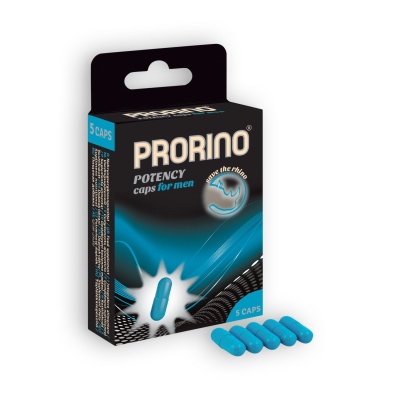Embalagem preta e azul de cápsulas azuis PRORINO Potency para homens com 5 cápsulas visíveis