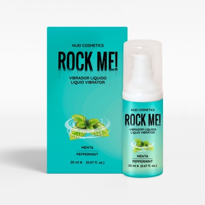 Frasco branco e caixa azul com texto 'ROCK ME!' e folhas de menta