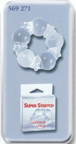 Anel transparente em silicone com esferas e embalagem branca com texto vermelho e branco.