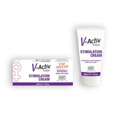 Creme estimulante V-Activ Woman em tubo branco e embalagem branca com detalhes roxos