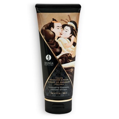 Frasco preto com arte oriental de casal e texto Creme de Massagem Shunga
