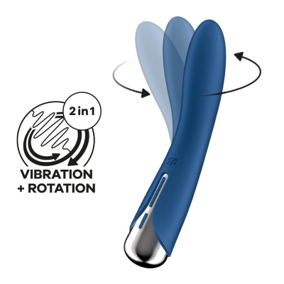 Vibrador azul com base metálica mostrando função de vibração e rotação