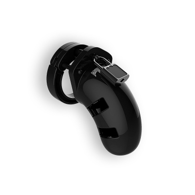 Dispositivo de privação corporal masculino preto brilhante com fecho prateado