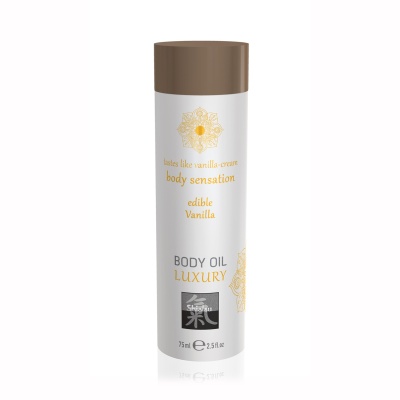 Frasco cilíndrico branco de óleo corporal com tampa castanha e texto amarelo 'BODY OIL LUXURY'.