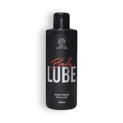 Frasco preto de lubrificante corporal Cobeco Body Lube com texto branco e laranja