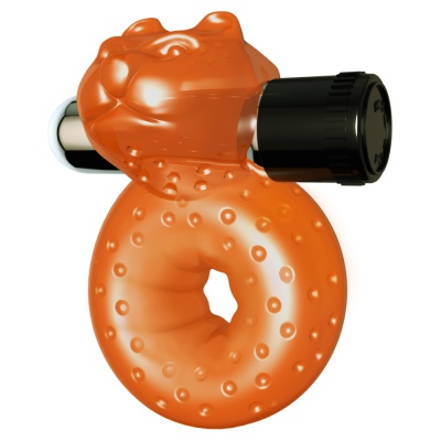 Anel vibrador laranja em silicone com pequenas bolinhas e vibrador preto