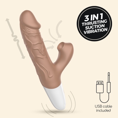 vibrador cor de pele com duas extensões e base branca com controlo e cabo USB incluído