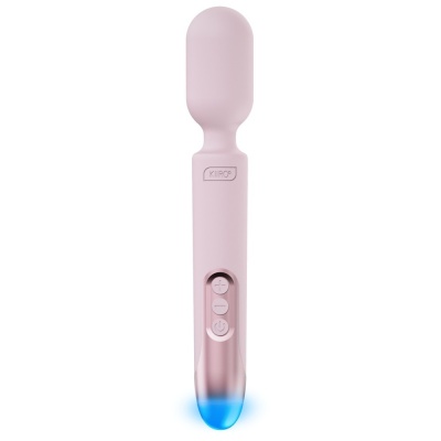 Vibrador tipo varinha rosa claro com botões brancos e luz azul na base