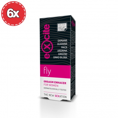 Embalagem de produto eXcite fly para mulheres com texto rosa, branco e preto, e selo 6x vermelho