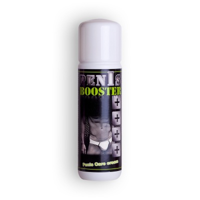 Frasco de creme Penis Booster com rótulo preto e verde