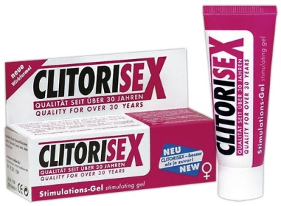Gel estimulante ClitoriSex em embalagem e tubo rosa e branco com texto em inglês e alemão.