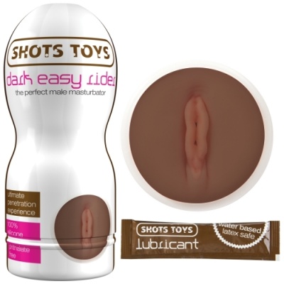 Produto sexual masculino da SHOTS TOYS dark easy rider em silicone, com boca castanha realista e pacote de lubrificante