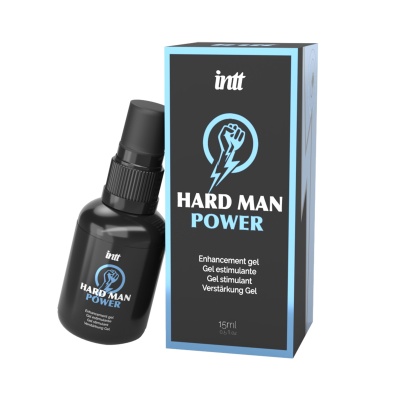 Frasco preto e caixa do gel estimulante Hard Man Power da marca intt
