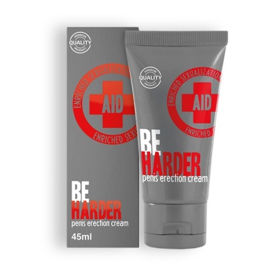 Tubo e embalagem de creme para ereção peniana Be Harder cinzentos com texto vermelho e branco