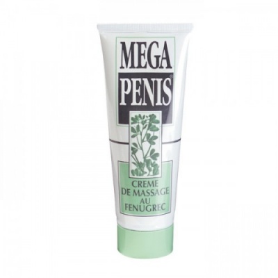 Tubo branco de creme de massagem Mega Penis com tampa verde claro e ilustração de planta