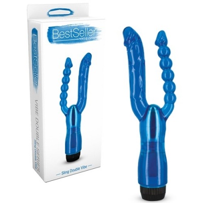 vibrador duplo azul translúcido com base preta ao lado da embalagem branca com texto azul