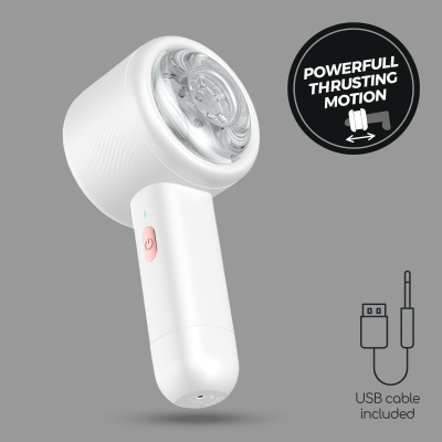 Aparelho branco com botão cor-de-rosa e base transparente, texto 'POWERFULL THRUSTING MOTION', cabo USB incluído.