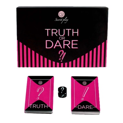 Jogo Truth or Dare com caixa preta e rosa, dois baralhos e um dado
