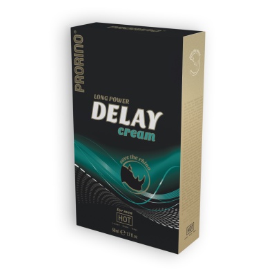 Embalagem do creme Delay Long Power em preto, verde e bege com texto e logotipo.