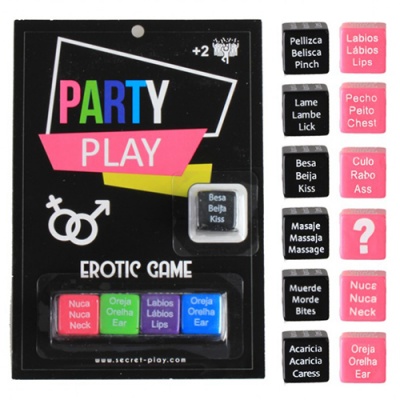 Jogo erótico Party Play com fichas coloridas e texto em múltiplos idiomas numa embalagem preta