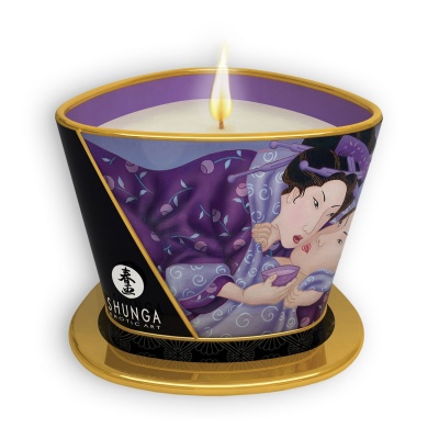 Vela em recipiente transparente com arte Shunga em roxo e negro