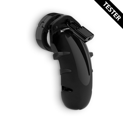 Dispositivo preto curvo com etiqueta TESTER