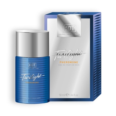 Frasco e caixa de perfume azul e prateado HOT Twilight Pheromone para homem