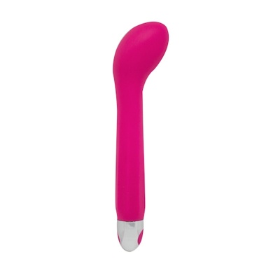 Vibrador rosa com ponta curva e base prateada