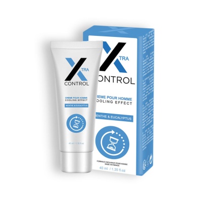 Tubo e embalagem de creme para homem Xtra Control, azul e branco.