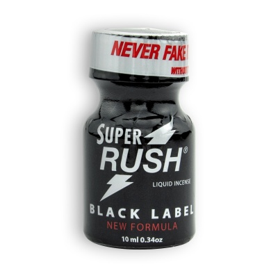 Frasco preto de líquido com rótulo SUPER RUSH liquid incense