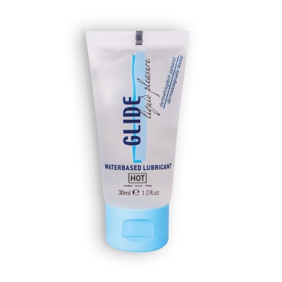 Frasco azul claro de lubricante à base de água GLIDE com texto em inglês