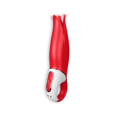 Vibrador vermelho com base branca e botões na frente