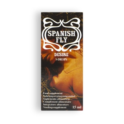Embalagem de suplemento alimentar Spanish Fly Desire S-Drops 15 ml em tons castanhos e laranja