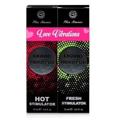 Duas embalagens de liquid vibrator Plus Amour, uma hot stimulator vermelha e outra fresh stimulator verde.