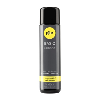 Frasco preto e cinzento de lubrificante pjur Basic Silicone 100 ml